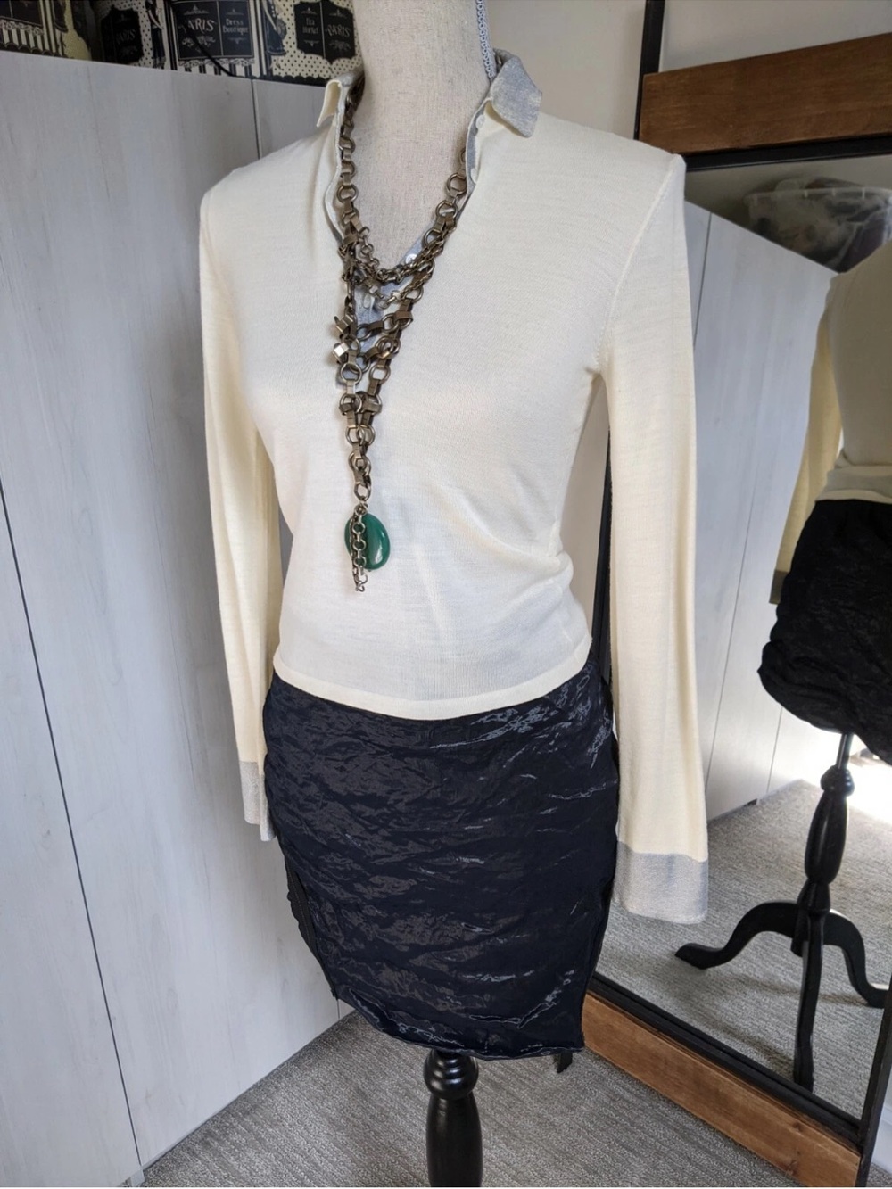 Yigal Azrouel Shimmery Black Pencil Skirt  asymmetric zippers Sz 4